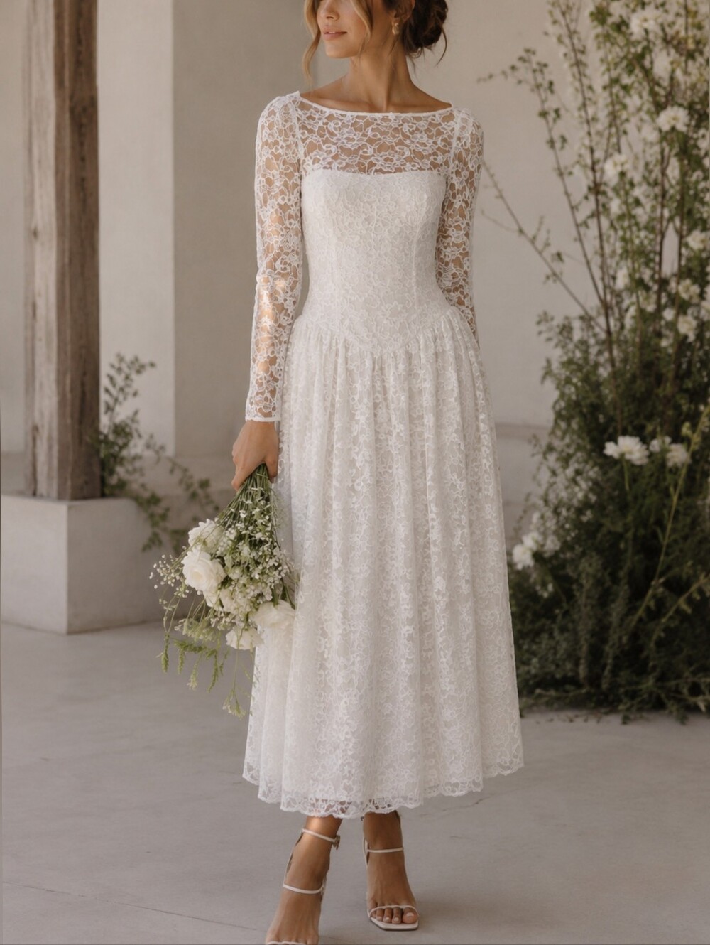 Vintage 80s Dance Allure white Lace Tea Length Wedding Dress sz 4